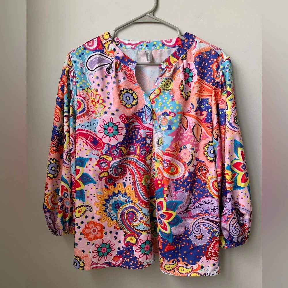 NORA CORA Women’s Split V-neck Button-down 3/4 Elastic Balloon Sleeve Blouse